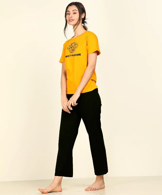Women Printed T-shirt & Pyjama Set Pure Soft Cotton Basic T-Shirt Crew Neck Short Sleeve