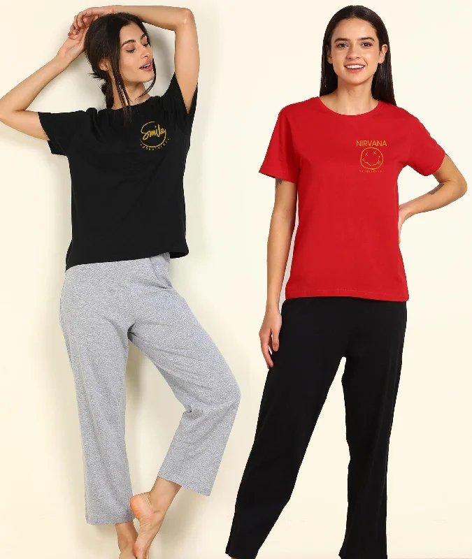 Women Printed T-shirt & Pyjama Set Pure Soft Cotton - Combo Set Notch Collar Peter Pan Collar Cowl Neck