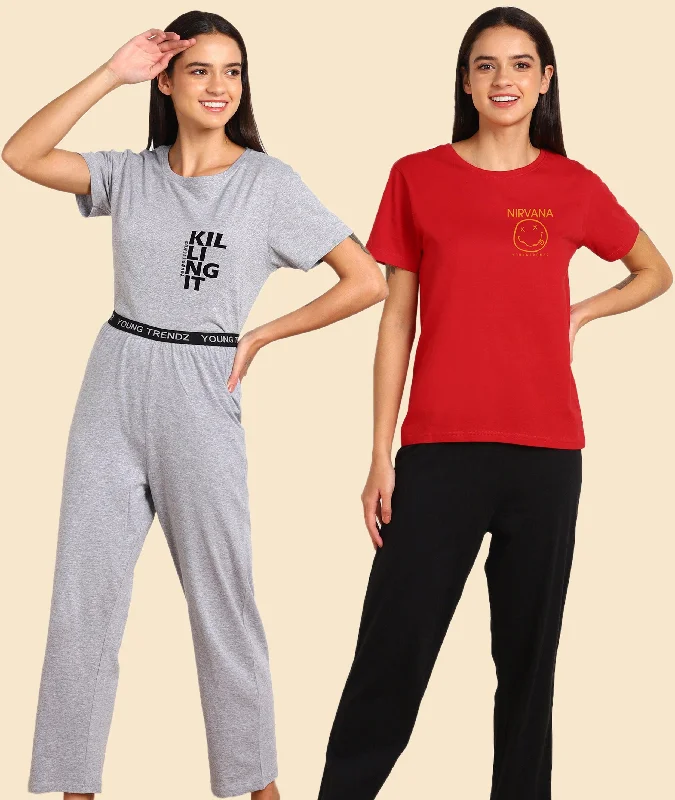Women Printed T-shirt & Pyjama Set Pure Soft Cotton - Combo Set Cashmere Blend Cotton Blend Poly Blend