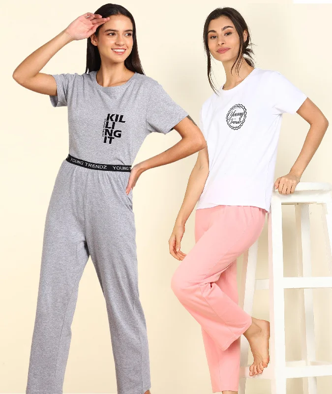 Women Printed T-shirt & Pyjama Set Pure Soft Cotton - Combo Set Striped Floral Plaid