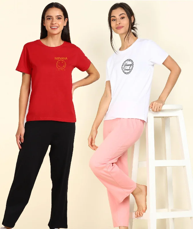 Women Printed T-shirt & Pyjama Set Pure Soft Cotton - Combo Set Graphic T-Shirt Round Neck Polyester