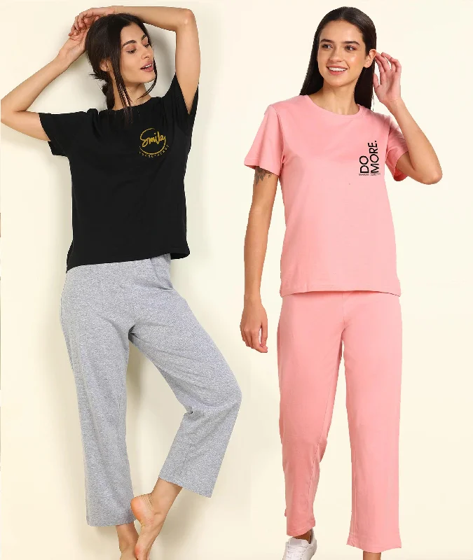 Women Printed T-shirt & Pyjama Set Pure Soft Cotton - Combo Set Machine Wash Dry Clean Hand Wash