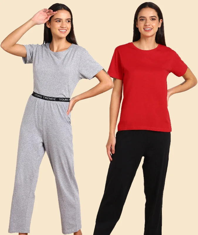 Women T-shirt & Pyjama Set Pure Soft Cotton - Combo Set Iron Safe Non-Iron Wrinkle Free