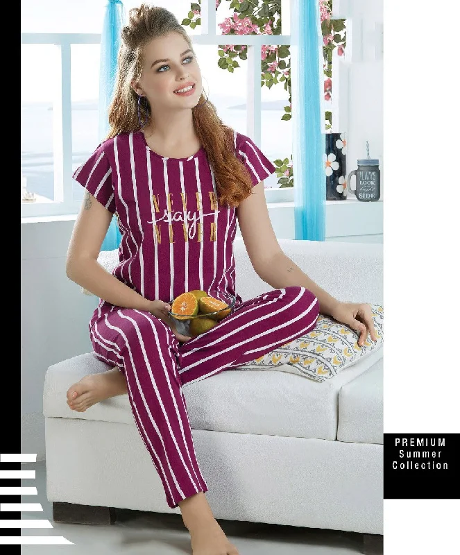 Cotton Printed Maroon T-shirt NightSuit Pyjama Set for Ladies Denim Fabric Leather Fabric Suede Fabric