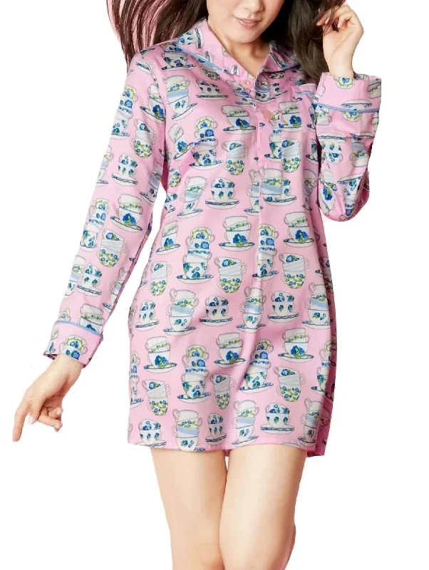 Cuppa Tea Sateen L/s Pleated Nightshirt In Pink Notch Collar Peter Pan Collar Cowl Neck