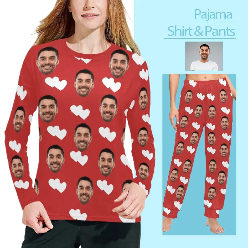 Custom Face Heart Red Long Pajama Shirt&Pants Personalized Women's Slumber Party Sleepwear Print Jacquard Patchwork