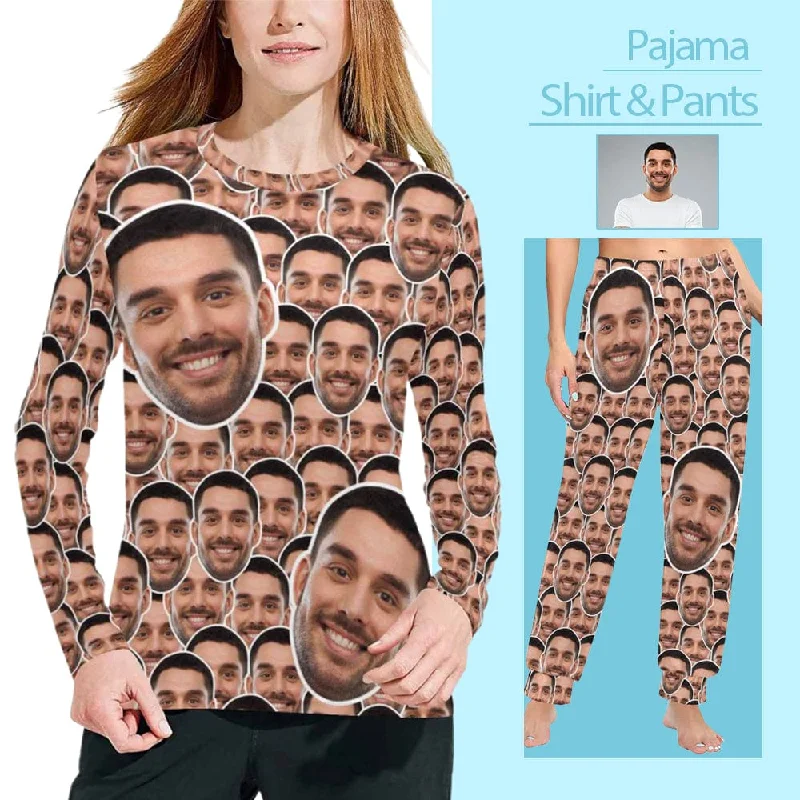 Custom Face Seamless Long Pajama Shirt&Pants Personalized Women's Slumber Party Sleepwear Polka Dot Checkered Tartan