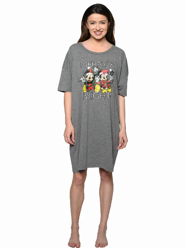 Women's Disney Christmas Mickey & Minnie Mouse Sleep Shirt Pajama Dorm Shirt Notch Collar Peter Pan Collar Cowl Neck