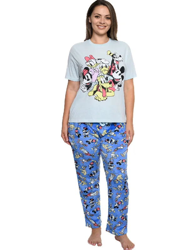 Disney Mickey Mouse & Friends T-Shirt & Plush Pant Pajama Women's Plus Size Set Striped Floral Plaid