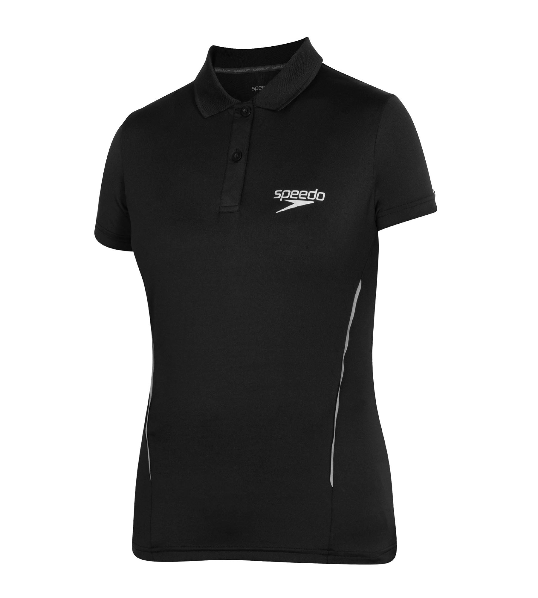 Women's Antimircobial Polyester Elastane Quick Dry Polo T-Shirt - Black & Silver Zippered Front Buttoned Front Snap Front