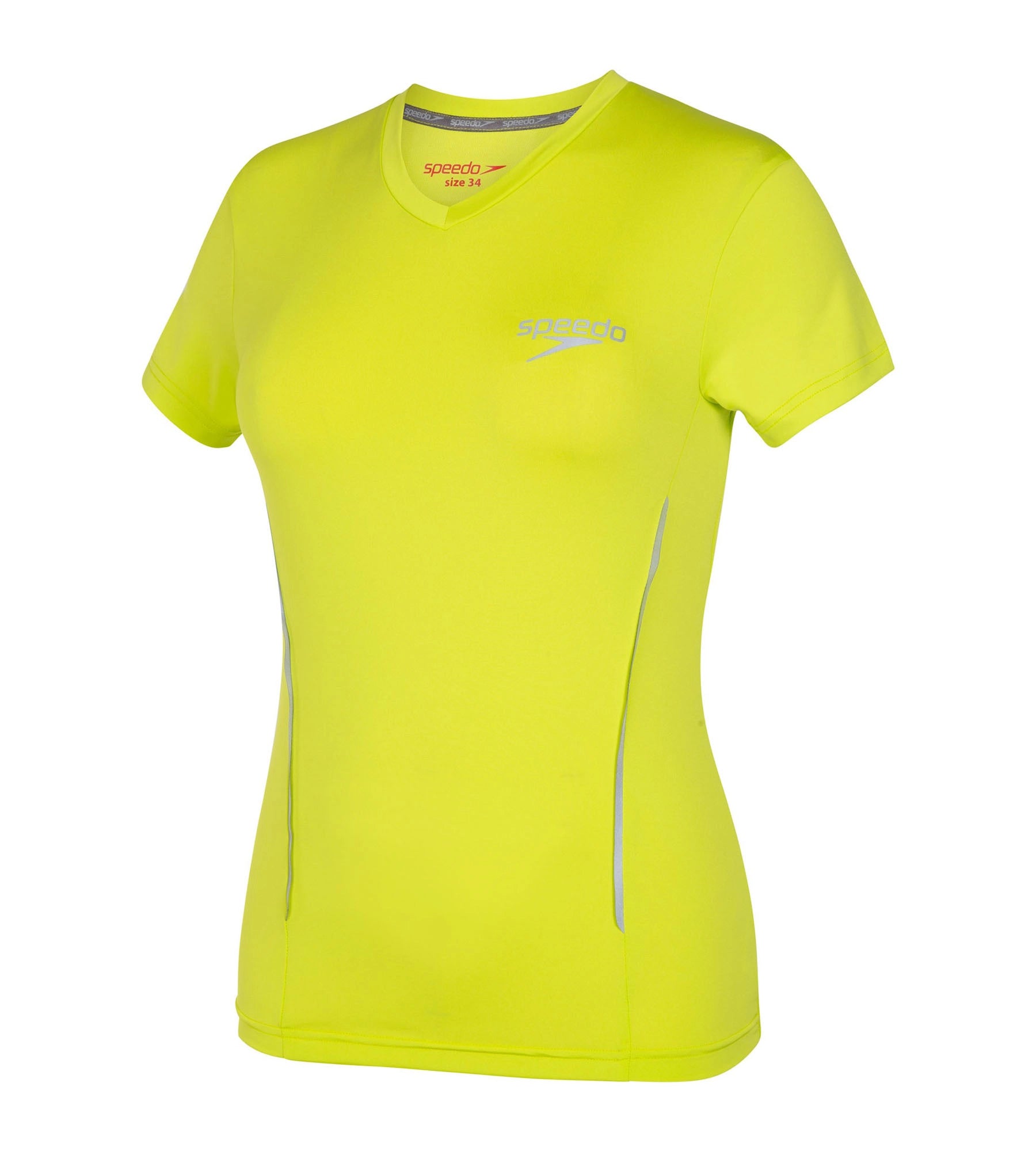 Women's Antimircobial Polyester Elastane Quick Dry V-Neck T-Shirt - Lime Punch & Silver Chenille Fabric Brocade Fabric Lace Fabric
