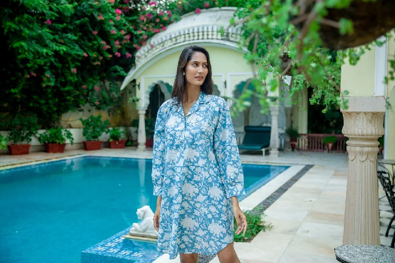 Hand Printed Nightshirt- De-Nimes Blue Collared Crew Neck Turtle Neck