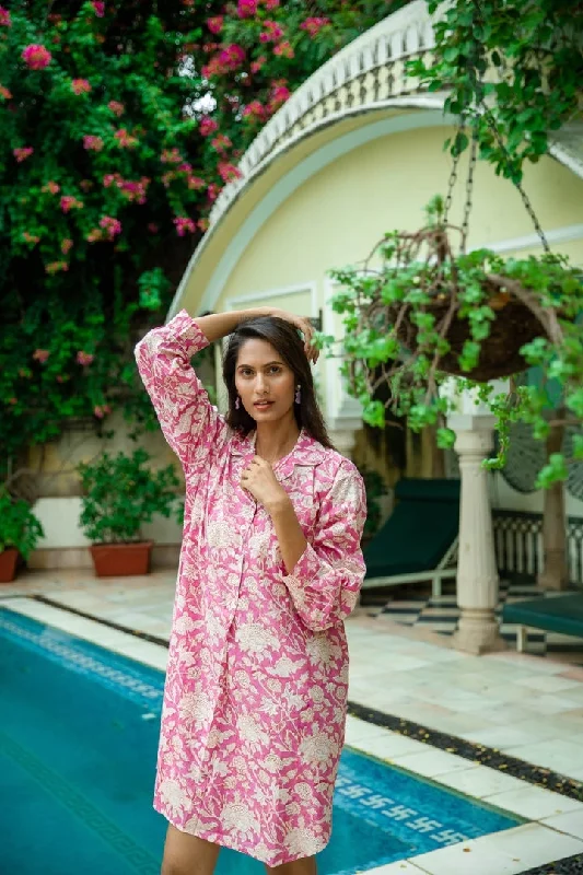 Hand Printed Nightshirt- Hibiscus Pink Terry Blend Velvet Blend Canvas Blend
