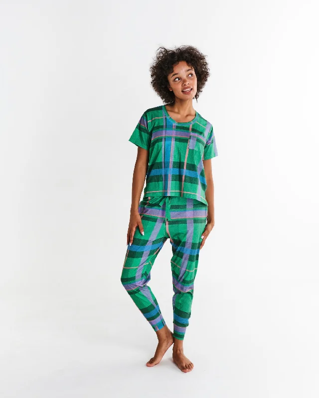 Jewel Of The Nile Tartan Organic Cotton Short Sleeve T-Shirt & Slouch Pant Pyjama Set Handmade Hand-knitted Hand-woven