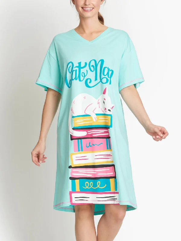 Kitty Cat Book Club Sleepshirt Spandex Blend Rayon Blend Denim Blend