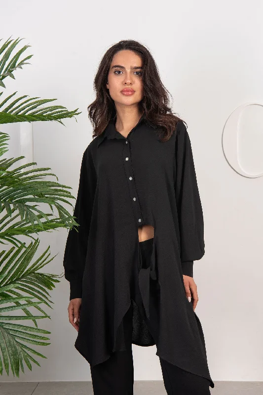 Longline Shirt with Side Knot - Mayalicious Front Pockets Side Pockets Patch Pockets