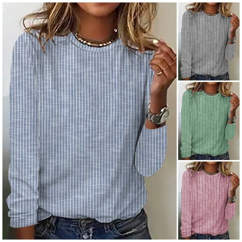 Loose Solid Color Striped Round Neck T-shirt For Women Chenille Blend Fleece Blend Nylon Blend
