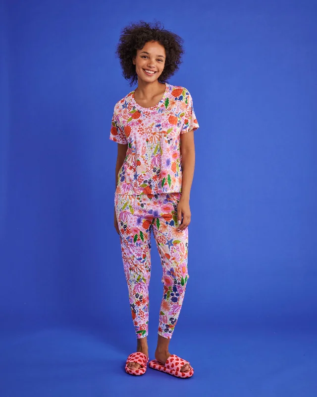 Meandering Meadow Organic Cotton Short Sleeve T-Shirt & Slouch Pant Pyjama Set Solid Color Striped Floral