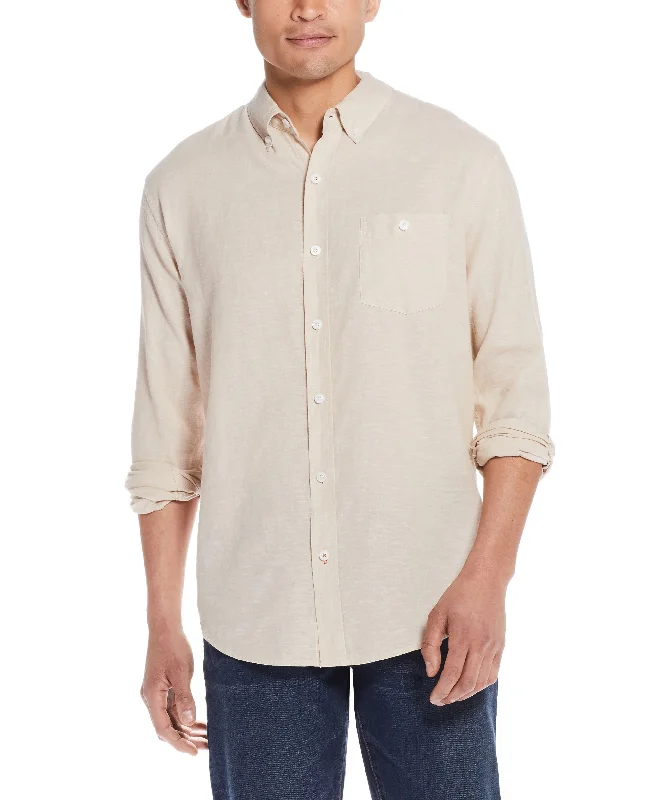 Men's Linen Cotton Long Sleeve Button Down Shirt Striped Floral Plaid