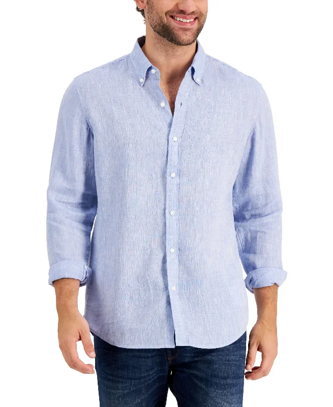 Michael Kors Mens Long Sleeve Linen Shirt Houndstooth Herringbone Solid
