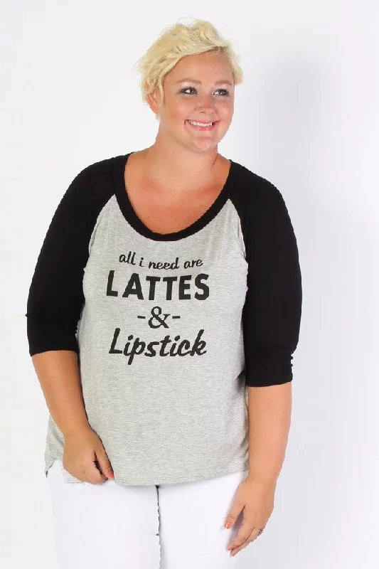 All I Need Are Lattes -  3/4 Sleeve Graphic T-Shirt Striped Floral Plaid