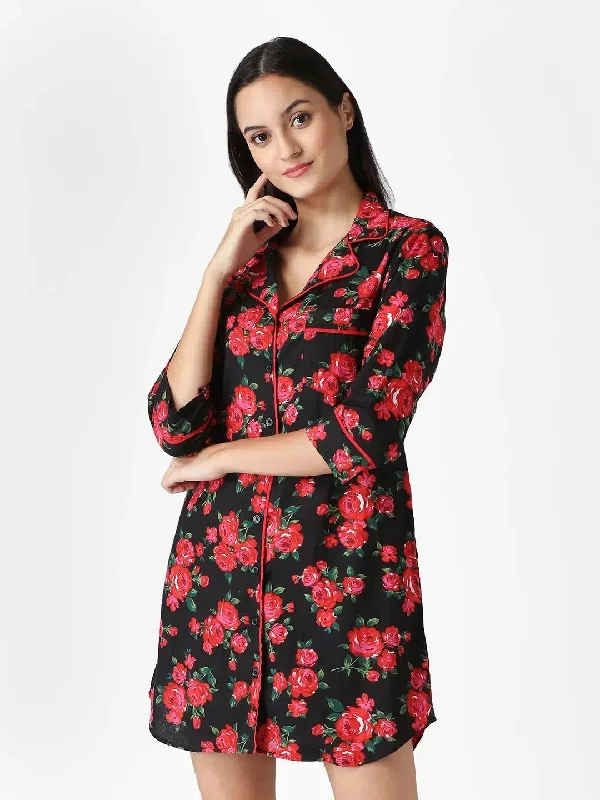 Night shirts in Black and Red Rose Print Chenille Brocade Lace