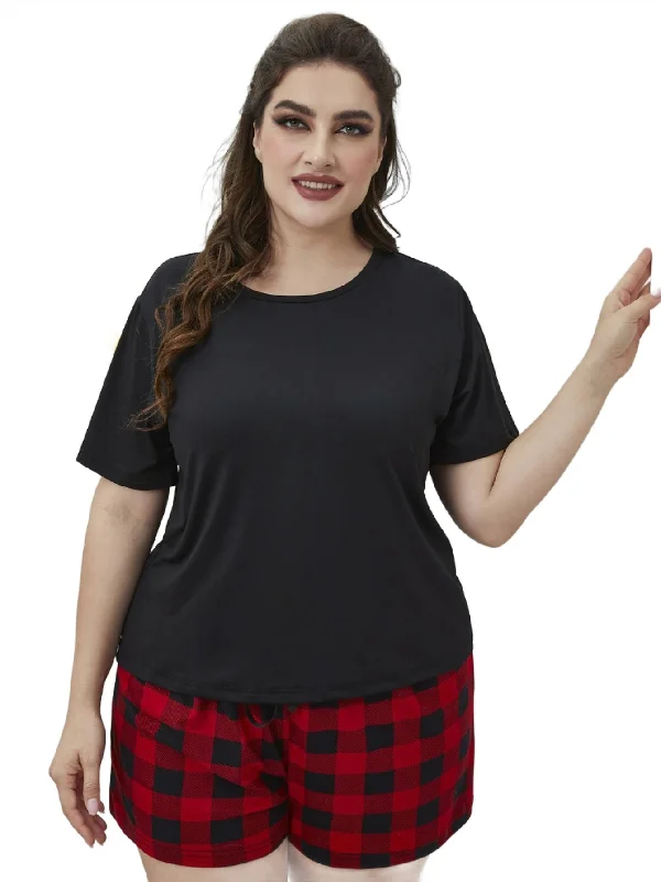 Plus Size Round Neck Tee Shirt And Plaid Shorts Lounge Set Boxy Fit Fitted Loose