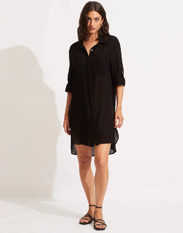 Crinkle Twill Beach Shirt - Black Seamless Knitted Crochet