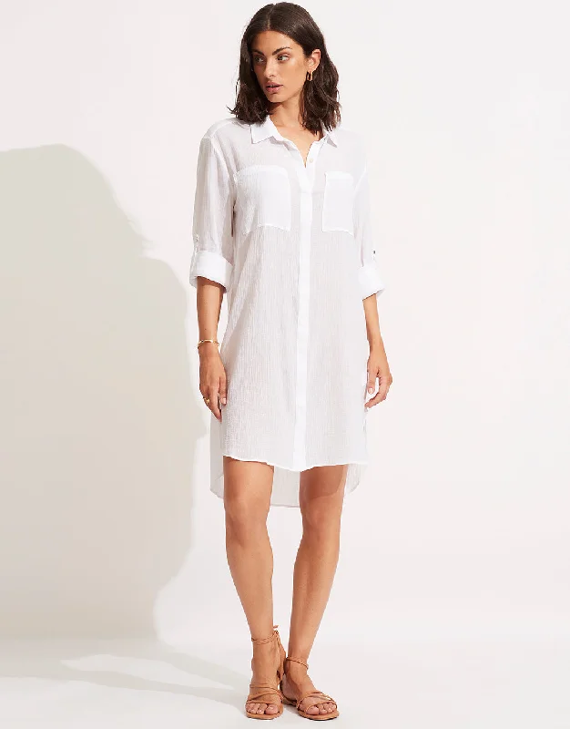 Crinkle Twill Beach Shirt - White Houndstooth Herringbone Solid