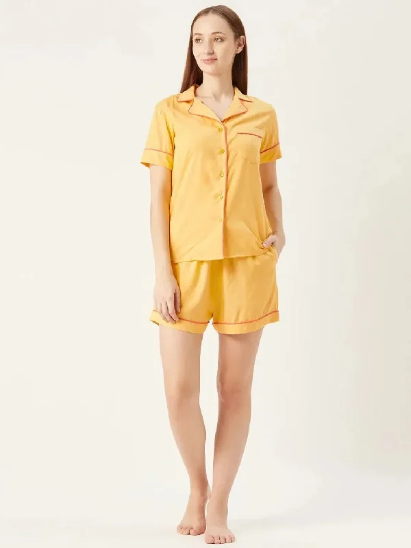 Shirt and Shorts Set in Yellow Spandex Blend Rayon Blend Denim Blend