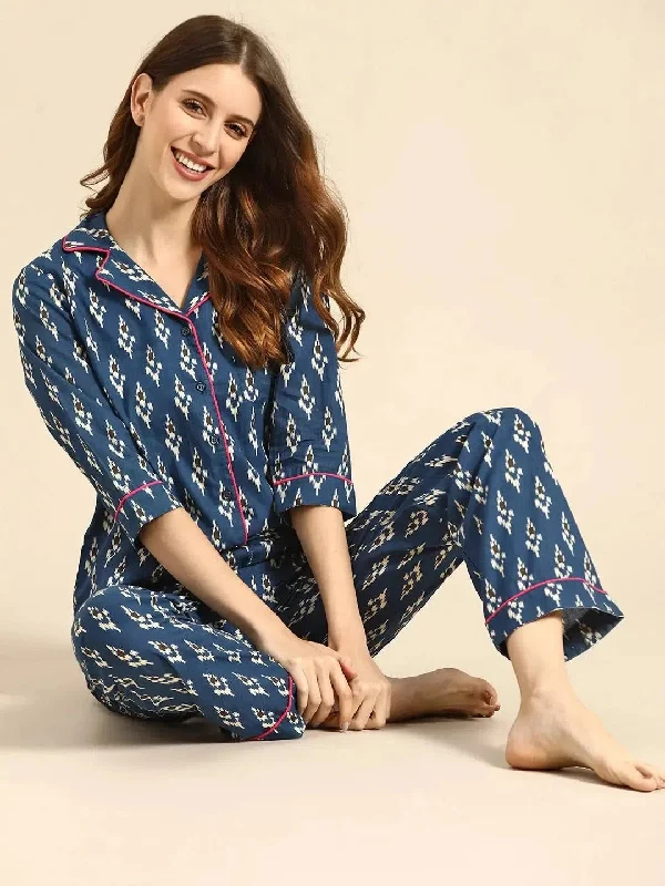 Shirt with Pyjama Set in Blue Ikkat Print Polka Dot Checkered Tartan