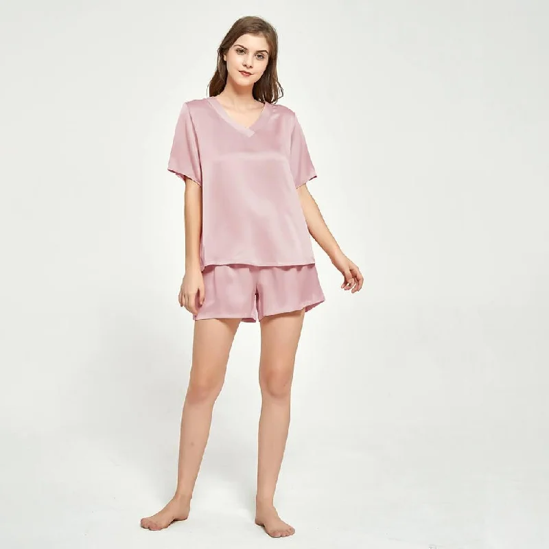 V-neck Short Sleeved Silk T-shirt Short Pajama Set for Women silk pajamas nightwear Houndstooth Herringbone Solid