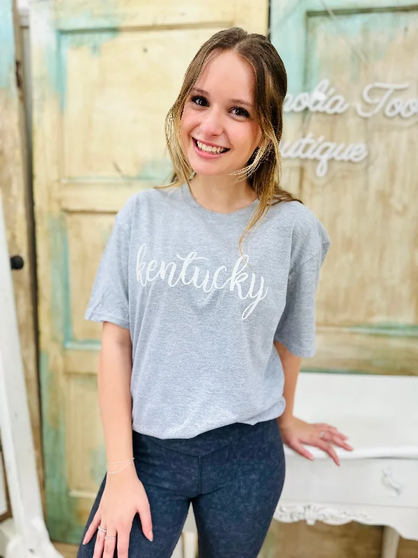 White Kentucky Script on Heather Grey T-Shirt Sequined Glittery Shiny