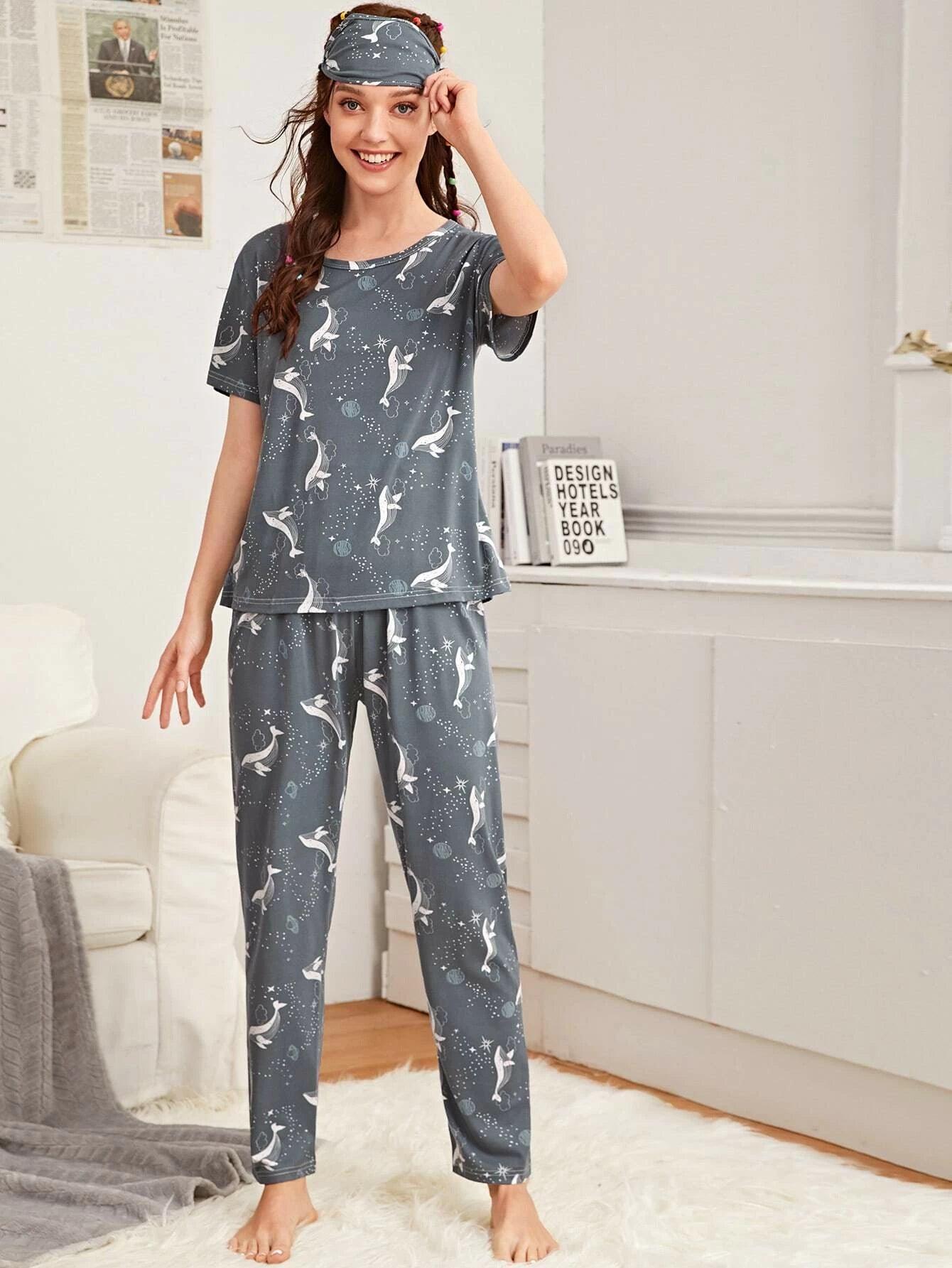 Women Printed T.Shirt & Pyjama Co-Ord Set Cotton Fabric Linen Fabric Terry Fabric