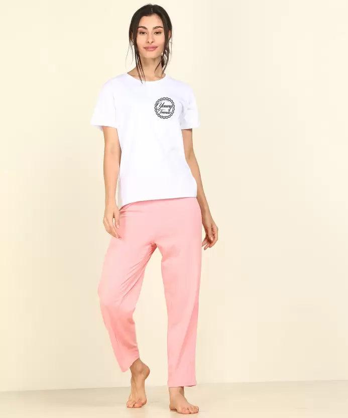 Women T-shirt & Pyjama Set Pure Soft Cotton (White, Pink) Plaid T-Shirt Polka Dot Checkered
