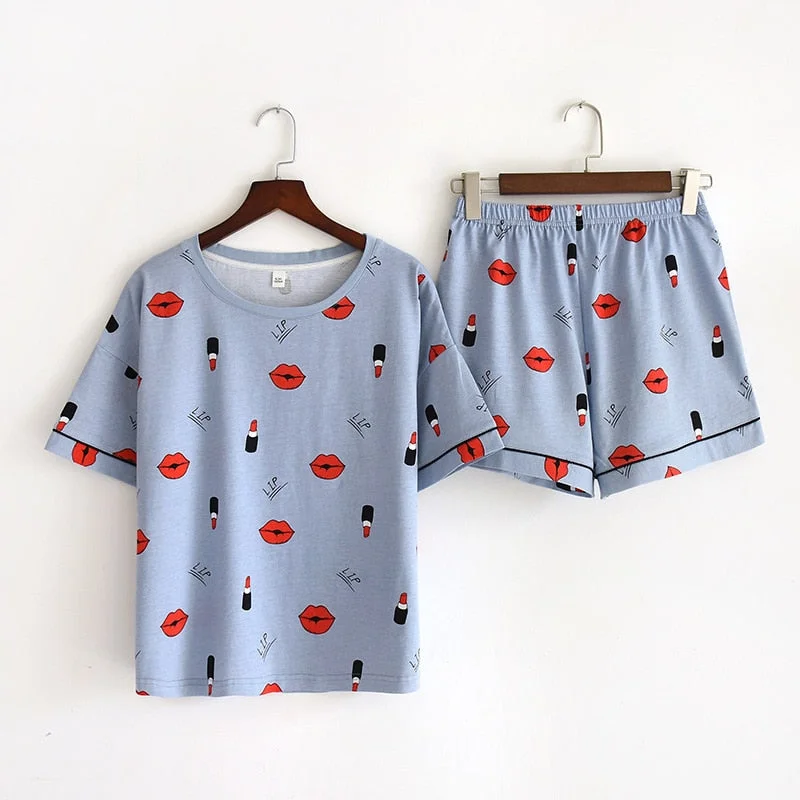 Women's Cotton Short Sleeved Shirt and Shorts Two-Piece Pajamas Set Anti-Pilling Machine Wash Handmade