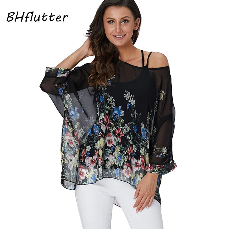 Women's Chiffon Printed Fashion 4-6XL Designer Tops T-Shirts (Plus Size) Collared Crew Neck Turtle Neck