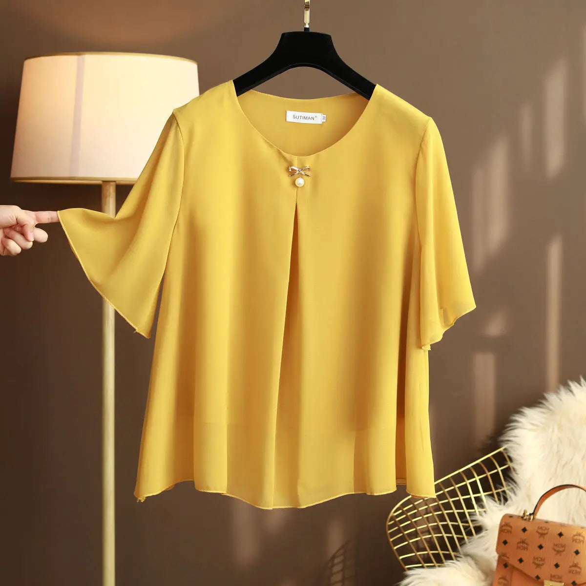 Women's Chiffon Round Neck L-6XL Tops Fashion Designer T-Shirts (Plus Size) Hooded Caped Shawl Collar