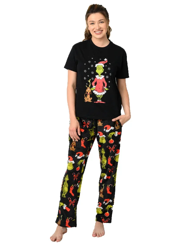 Women's Dr Seuss' The Grinch Pajama Set T-Shirt & Pants Plush Christmas Seamless Knitted Crochet