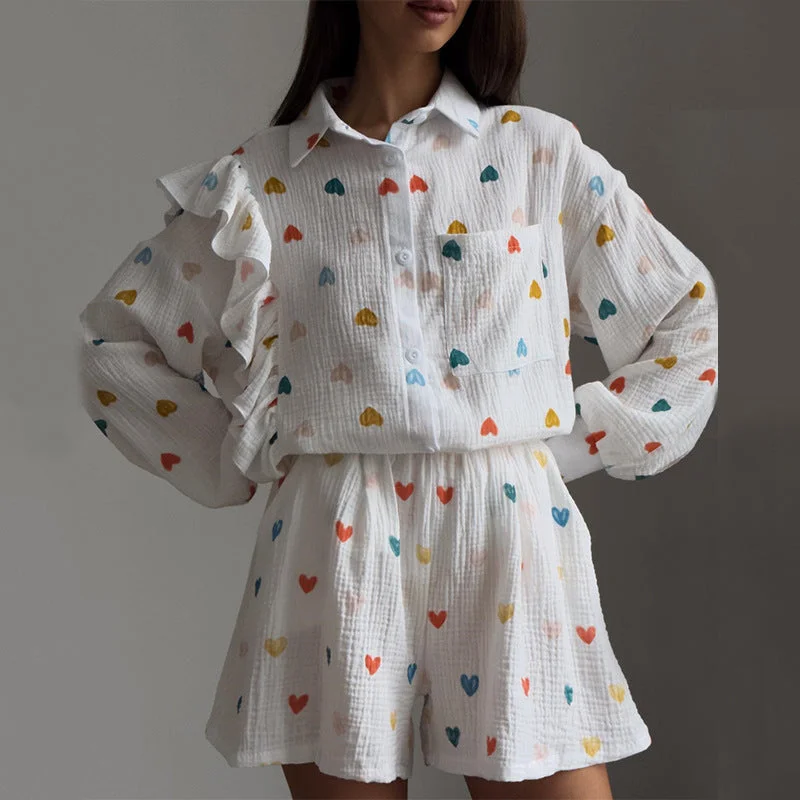 Women's Vintage Boho Heart Pattern Long Sleeved Shirt and Shorts Outfit Set Spandex Blend Rayon Blend Denim Blend