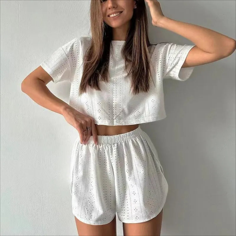 Women's Hollow-out Cropped T-Shirt and Shorts Two-piece Pajamas Set Satin Blend Silk Blend Wool Blend