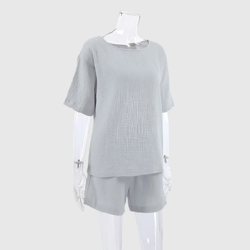 Women's Loose Double-layer Gauze Short-sleeved Shirt and Shorts Two-piece Pajamas Set Collared Crew Neck Turtle Neck