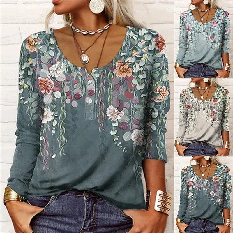 Women's Loose Long-sleeved Geometric Floral U-neck Button T-shirt Front Pockets Side Pockets Patch Pockets