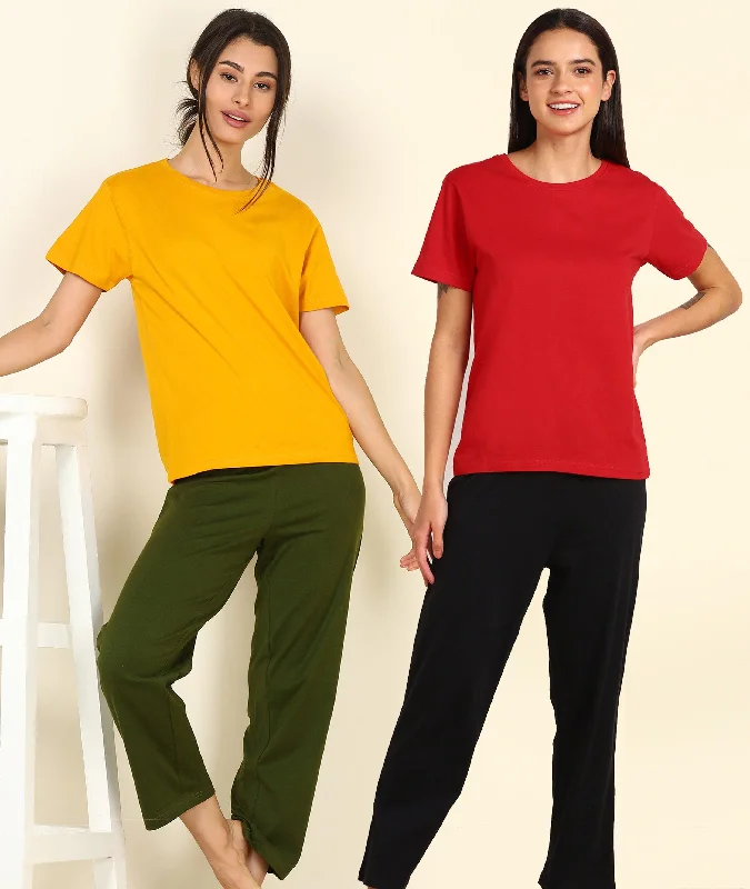 Women T-shirt & Pyjama Set Pure Soft Cotton - Combo Set Satin Blend Silk Blend Wool Blend