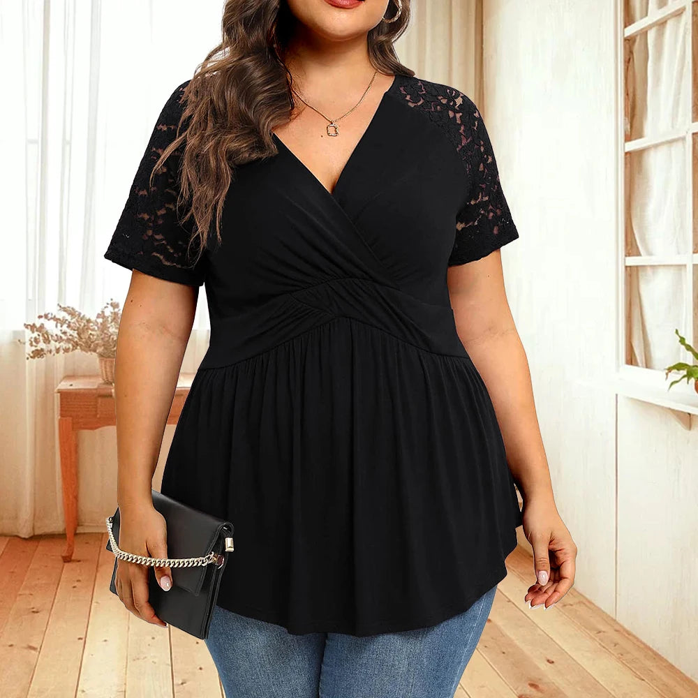 Women's Ruffled V Neck Fashion Designer Hallow Out T-Shirts (Plus Size) Welt Pockets Slit Pockets Flap Pockets