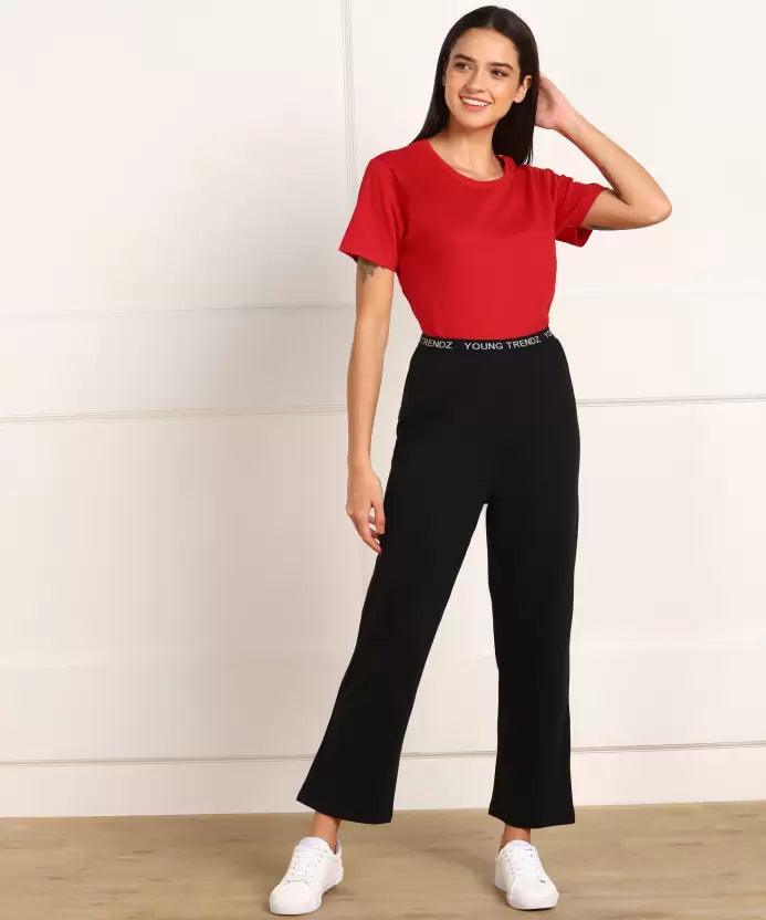 Women T-shirt & Pyjama Set Pure Soft Cotton (Red Black) Collared T-Shirt Boat Neck A-Line